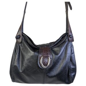 Vintage 80s/90s Italian Made Black & Brown Embossed Leather Crossbody Purse Bag